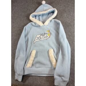 VTG Disney Tinkerbell Snow Fairy Fleece Hoodie Womens L Blue Fur Trim 90s Y2K